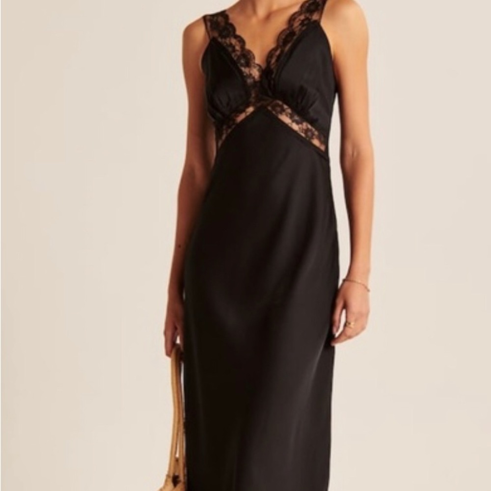 SOLD Abercrombie and Fitch black silk Satin Slip lace trim maxi Dress size large - Picture 5 of 10